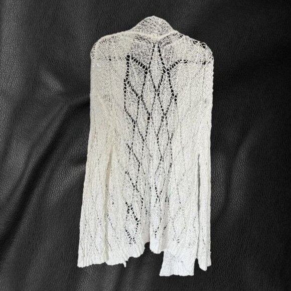 POL White Open Knit Long Cardigan Medium Hippie Beachy Lightweight Boho Vibe - Picture 2 of 9